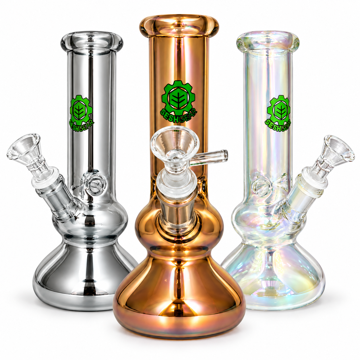 Seshgear Double Bubble 8-inch electroplated water pipe in bronze, clear, and dark gray