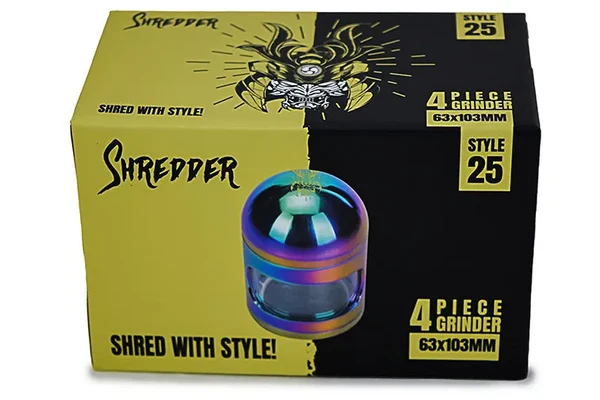 Shredder Grinder Style 25 gift box showing rainbow 4-piece grinder and 63x103mm size